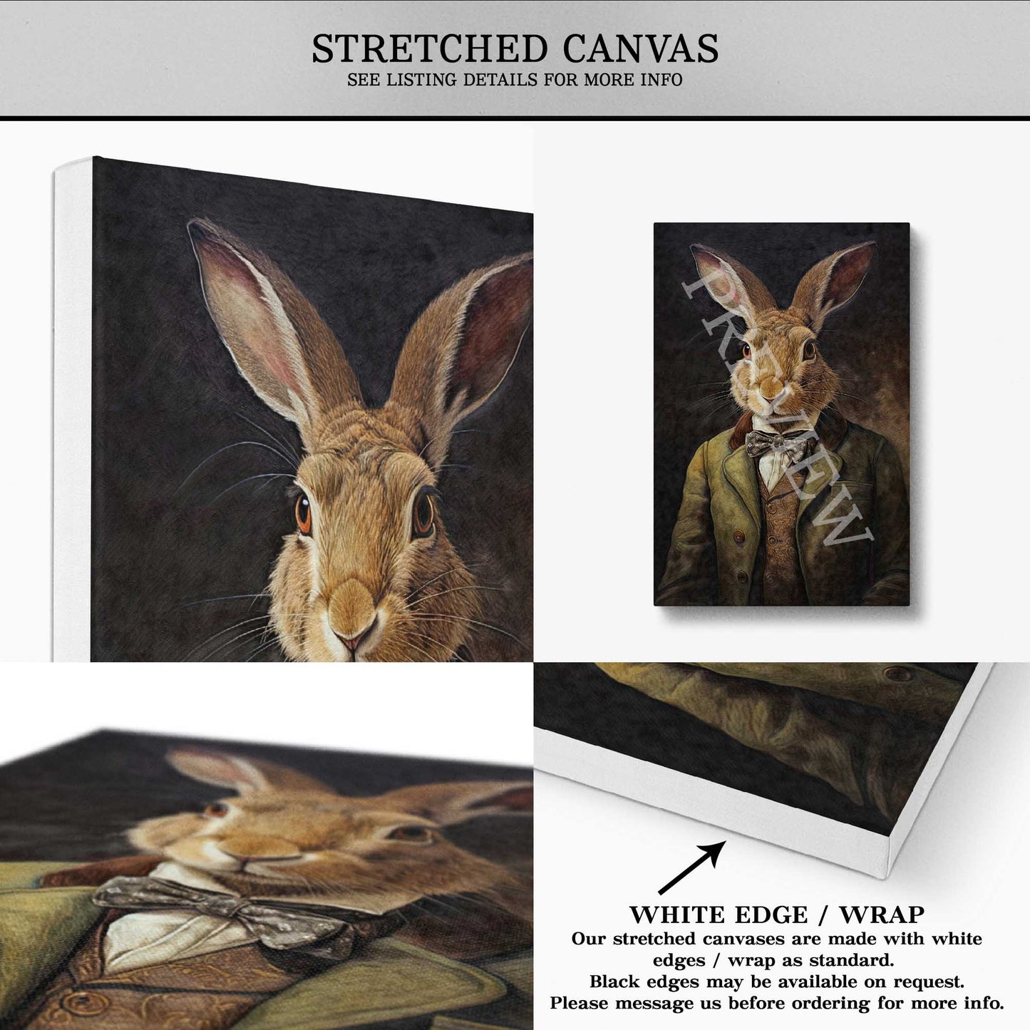 Hare Gentleman Wall Art Print Stretched Canvas by Vintage Panda Designs