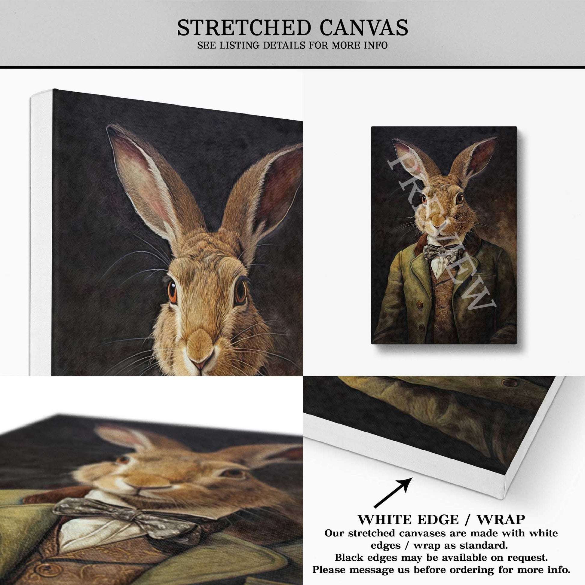 Hare Gentleman Wall Art Print Stretched Canvas by Vintage Panda Designs