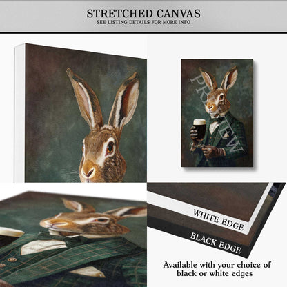 A stretched canvas wall art print featuring a painted rabbit dressed in formal attire and holding a glass of stout, shown from multiple angles. The collage includes a full canvas view, a smaller front view, a close-up detail, and an edge option note reading 'Available with your choice of black or white edges.
