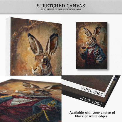 A canvas wall art print featuring a stylized rabbit portrait in vintage clothing, shown in multiple views including a stretched canvas mockup, a smaller vertical canvas, and a close-up of the printed edge options labeled white edge and black edge.