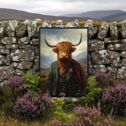 Framed portrait of a Highland cow in a natural setting Scottish with a stone wall and flowers.