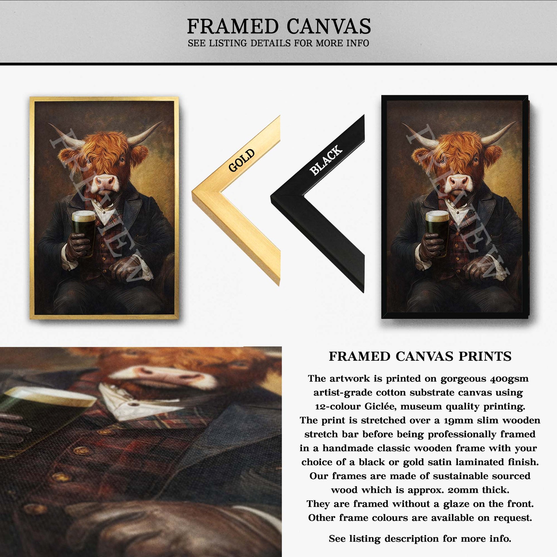Highland Cow Drinking Stout Wall Art Framed Canvas - Vintage Panda Designs