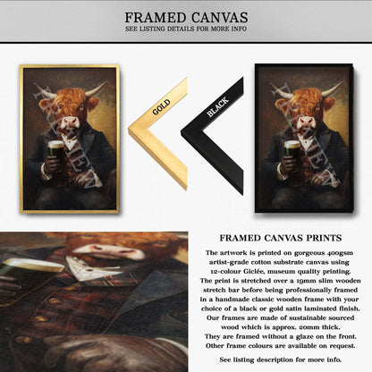 Highland Cow Drinking Stout Wall Art Framed Canvas - Vintage Panda Designs
