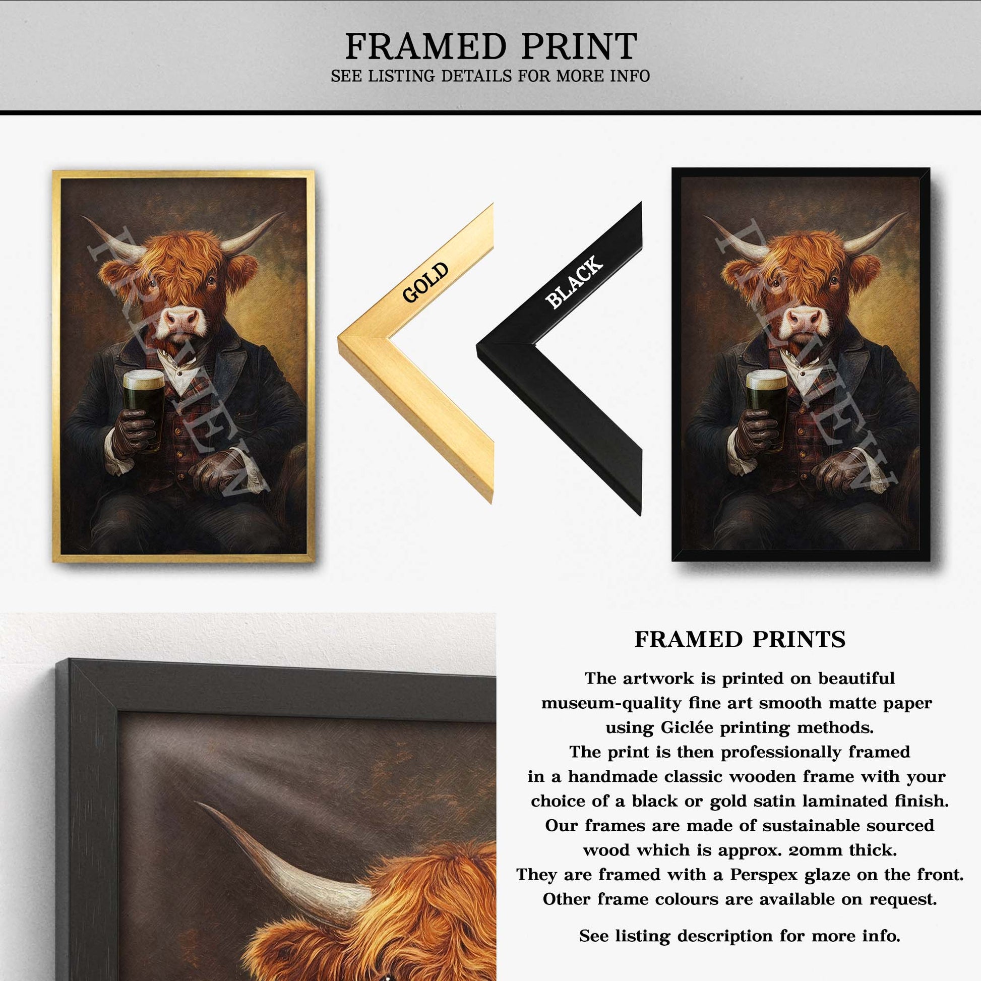 Highland Cow Drinking Stout Wall Art Framed Print - Vintage Panda Designs
