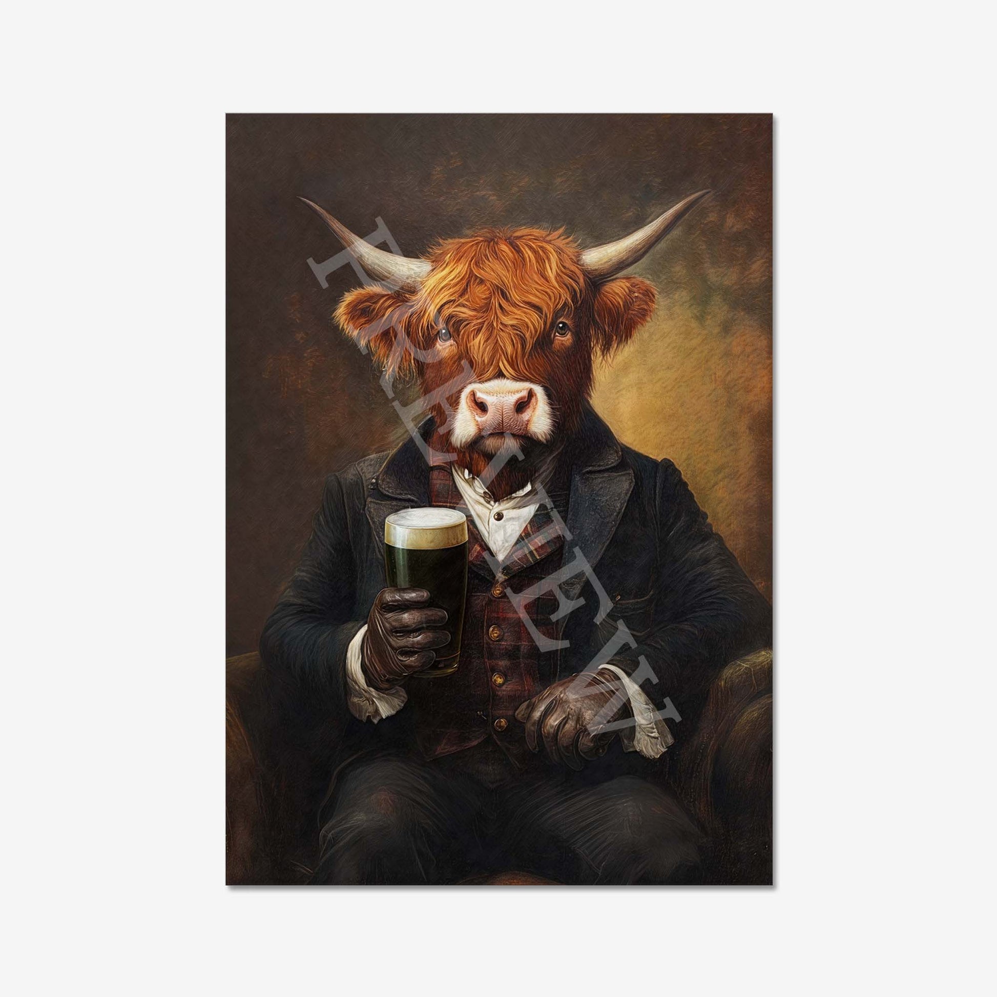 Highland Cow Drinking Stout Wall Art Print - Vintage Panda Designs
