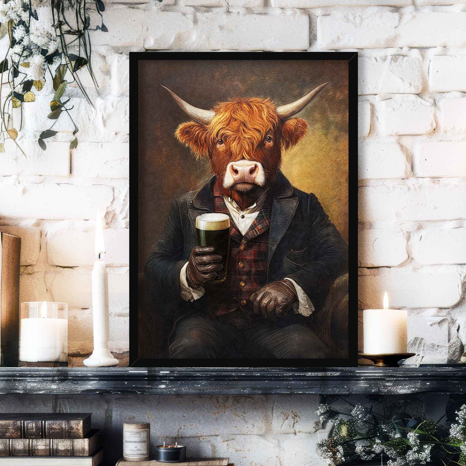 Highland Cow Drinking Stout Wall Art Print Black Frame - Vintage Panda Designs