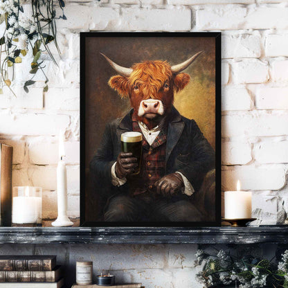 Highland Cow Drinking Stout Wall Art Print Black Frame - Vintage Panda Designs
