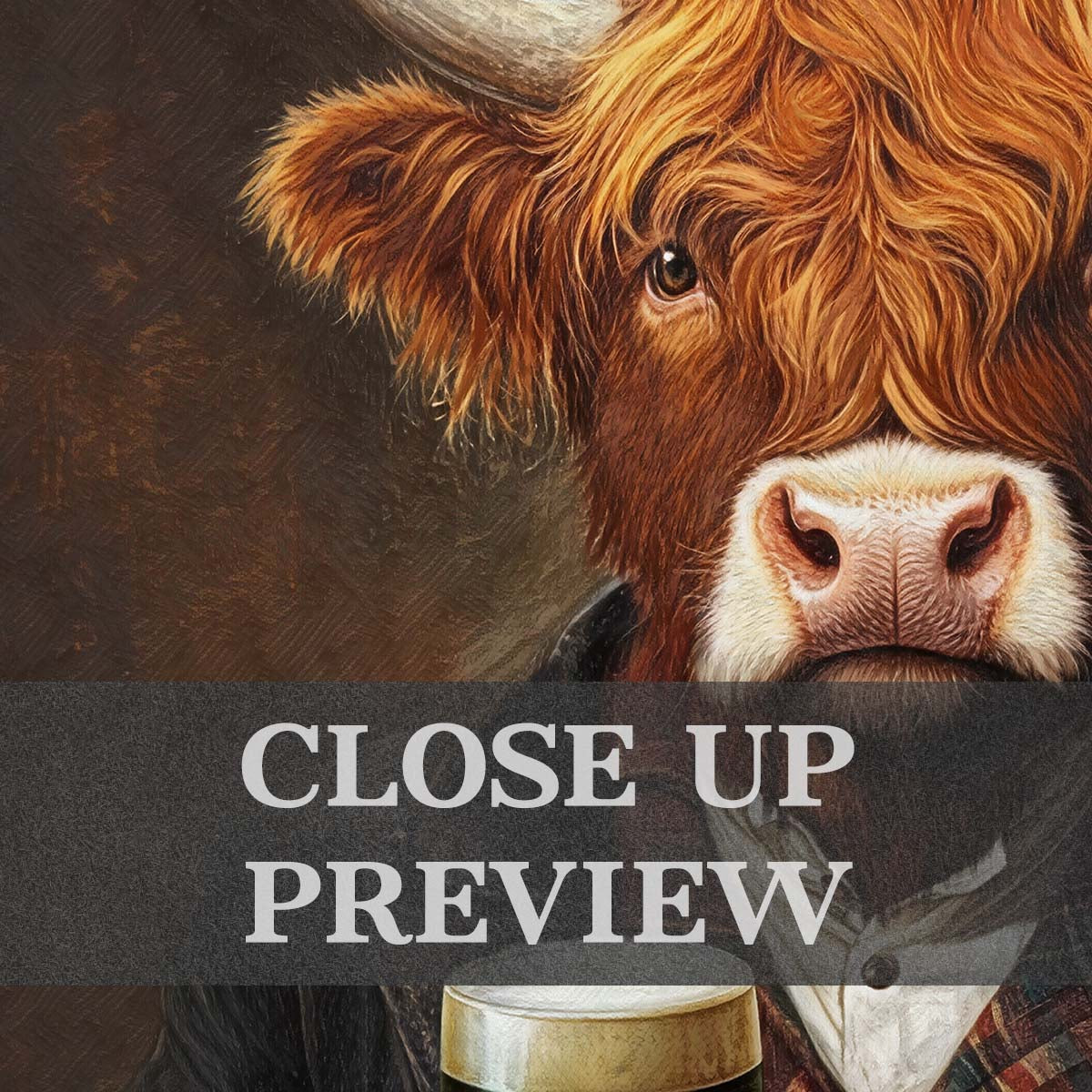 Highland Cow Drinking Stout Wall Art Print Close Up - Vintage Panda Designs