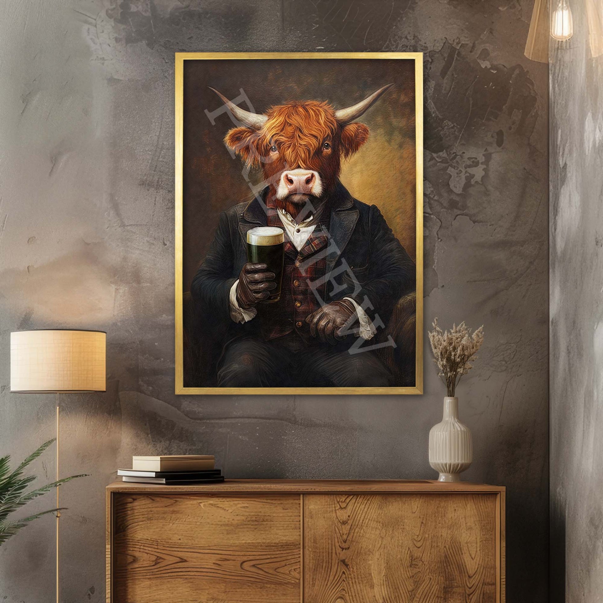 Highland Cow Drinking Stout Wall Art Print Gold Frame - Vintage Panda Designs