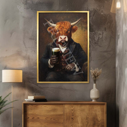Highland Cow Drinking Stout Wall Art Print Gold Frame - Vintage Panda Designs