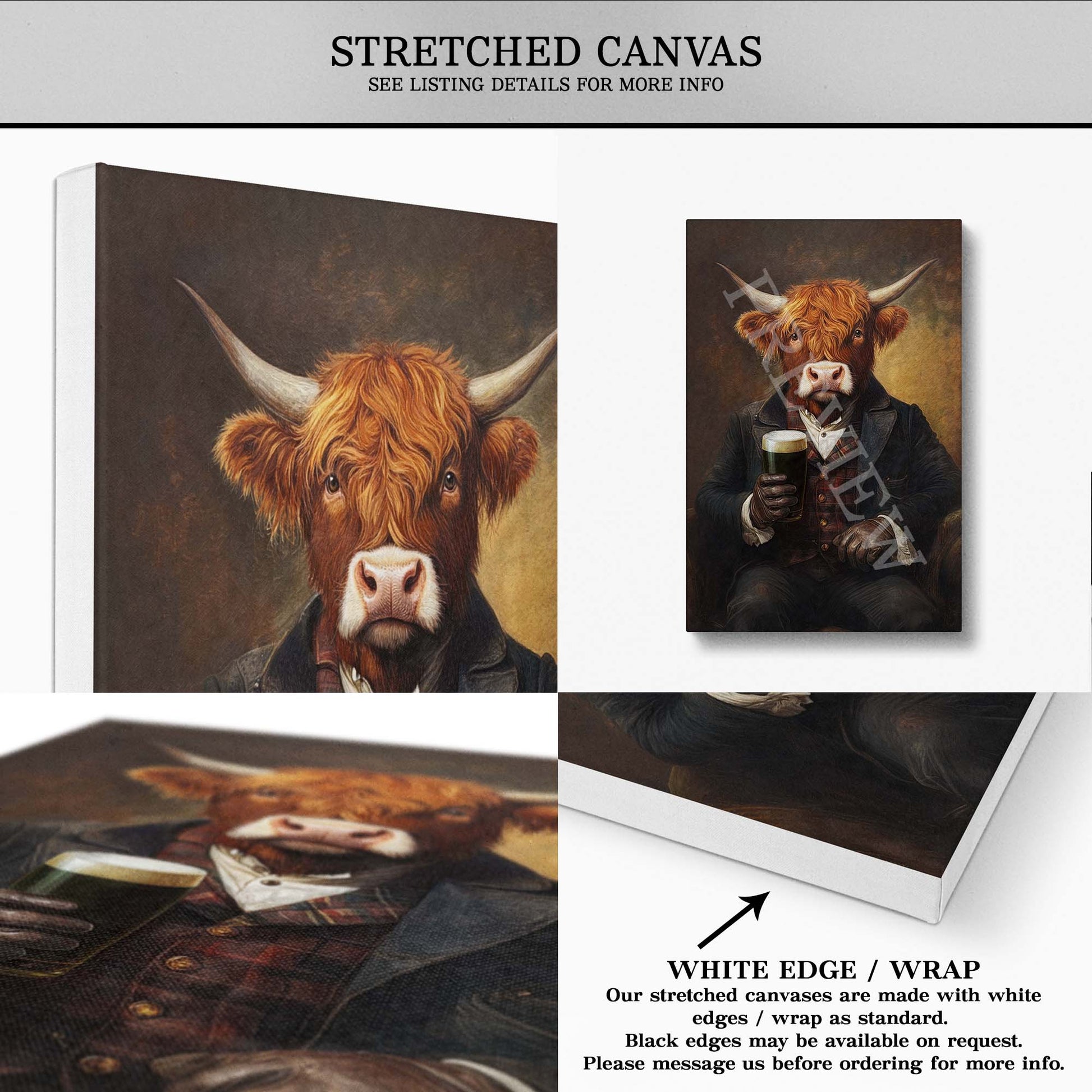 Highland Cow Drinking Stout Wall Art Stretched Canvas - Vintage Panda Designs