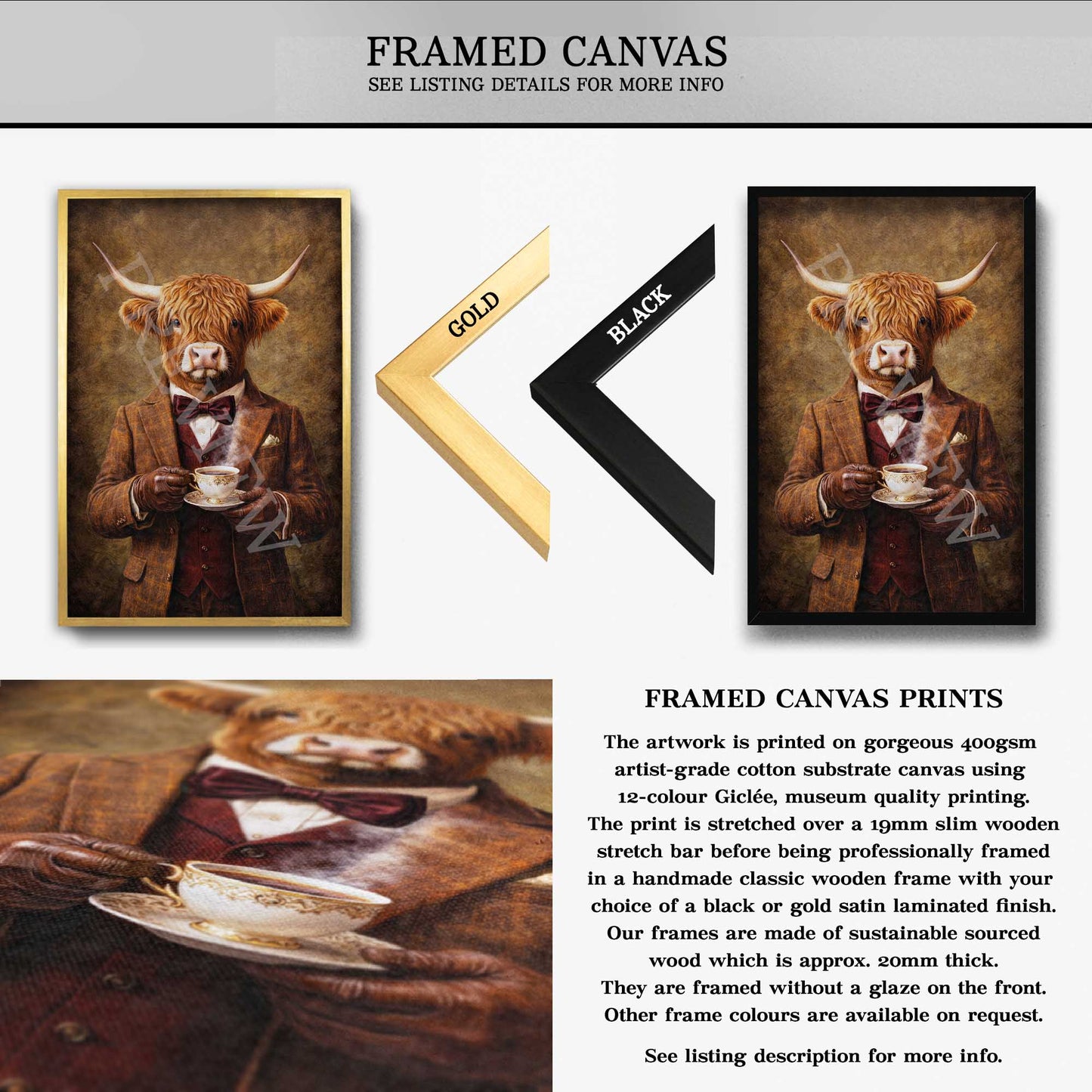 Highland_Cow_Drinking_Tea_Framed_Canvas_by_Vintage_Panda_Designs