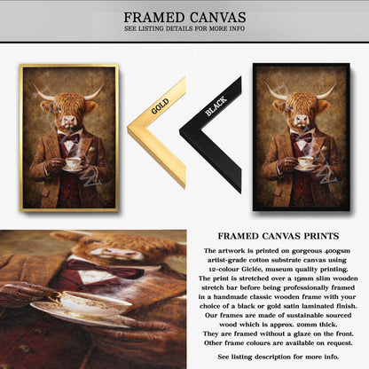 Highland_Cow_Drinking_Tea_Framed_Canvas_by_Vintage_Panda_Designs