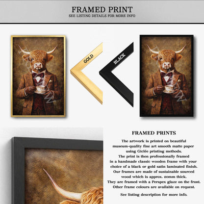 Highland_Cow_Drinking_Tea_Framed_Print_by_Vintage_Panda_Designs