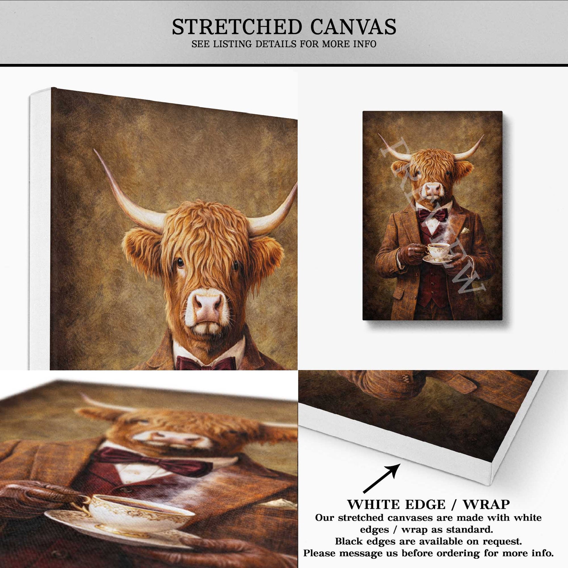 Highland_Cow_Drinking_Tea_Stretched_Canvas_by_Vintage_Panda_Designs