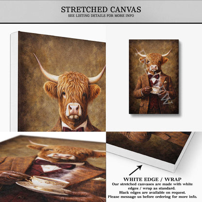 Highland_Cow_Drinking_Tea_Stretched_Canvas_by_Vintage_Panda_Designs