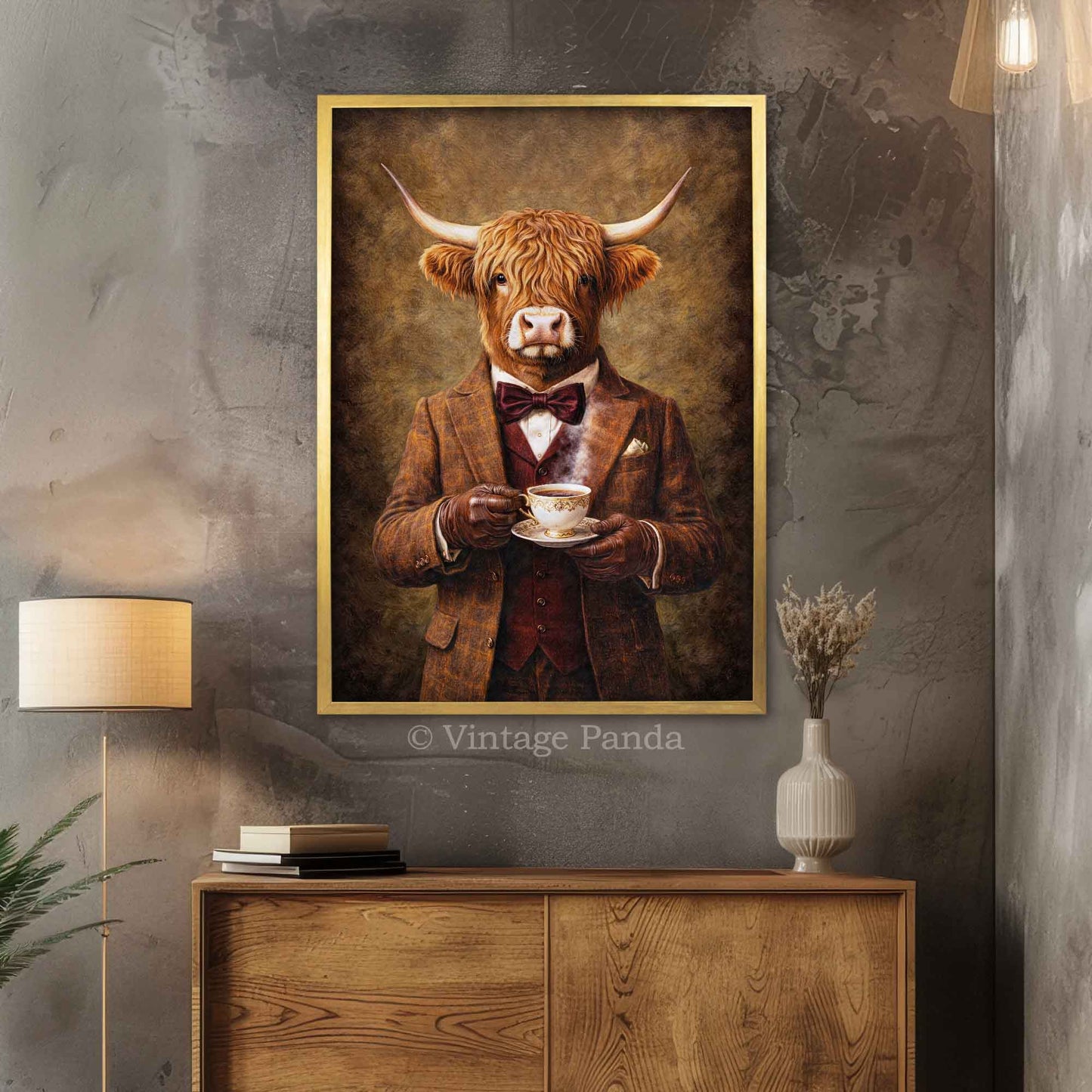 Highland_Cow_Drinking_Tea_in_Gold_Frame_by_Vintage_Panda_Designs_-_SM