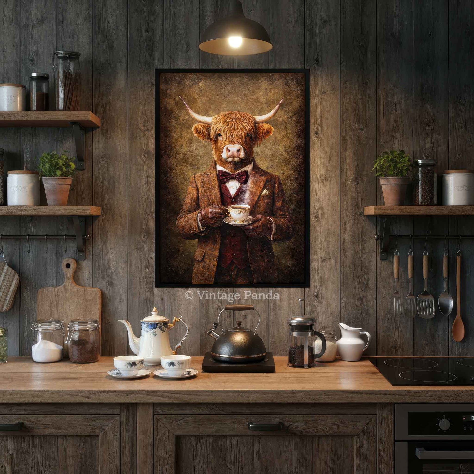 Highland_Cow_Gentleman_Drinking_Tea_Portrait_in_Black_Frame_on_Wall_in_Traditional_Vintage_Ristic_Kitchen_Copyright_Vintage_Panda_-_SM