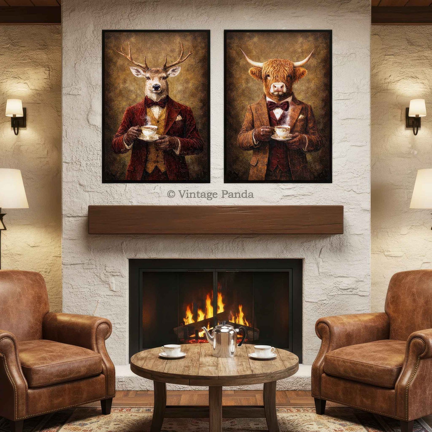 Highland_Cow_Stag_Gentlemen_Drinking_Tea_Portrait_in_Black_Frame_on_Wall_in_Traditional_Vintage_Ristic_Kitchen_Copyright_Vintage_Panda_