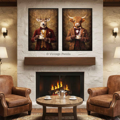 Highland_Cow_Stag_Gentlemen_Drinking_Tea_Portrait_in_Black_Frame_on_Wall_in_Traditional_Vintage_Ristic_Kitchen_Copyright_Vintage_Panda_