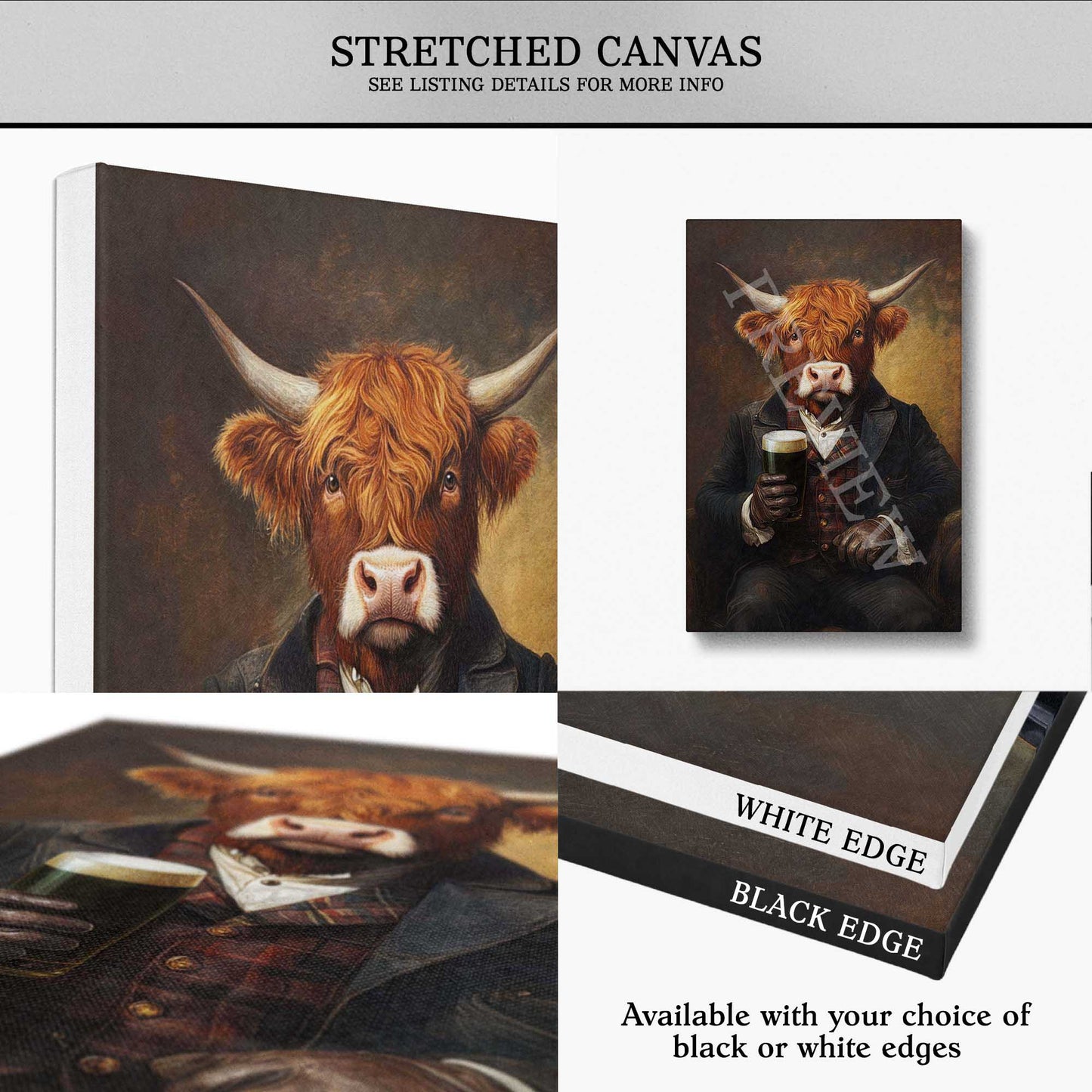 A collage showing a stretched canvas print with a bull drinking stout portrait, including front and angled views, plus text noting white and black edge options. 