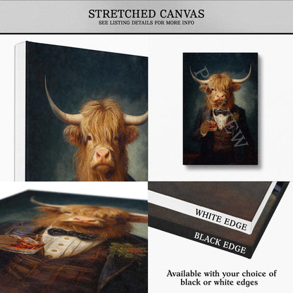 A collage showing a stretched canvas print of a highland cow in formal attire, with text noting stretched canvas size details and available black or white edges.