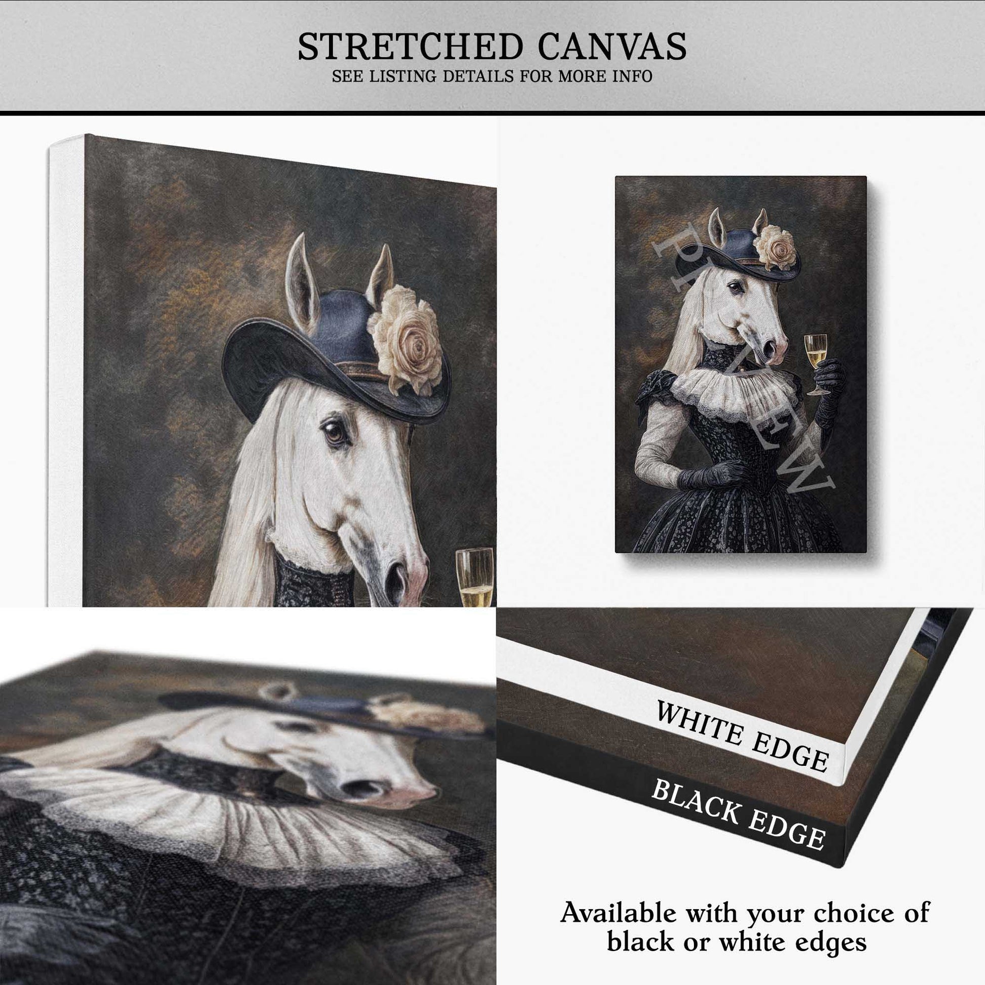 Artwork of horse drinking champagne portrait with decorative elements on a stretched canvas, showing white and black edge options.