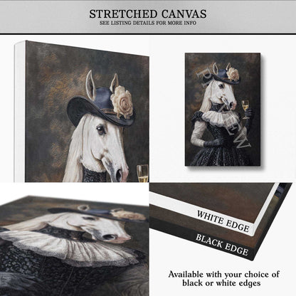 Artwork of horse drinking champagne portrait with decorative elements on a stretched canvas, showing white and black edge options.