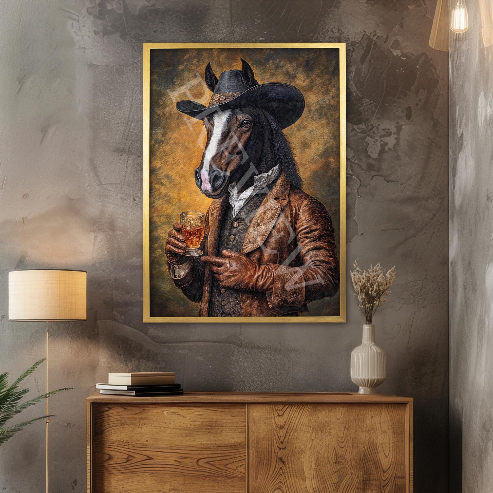 Horse Drinking Bourbon Print Gold Frame - Vintage Panda Designs