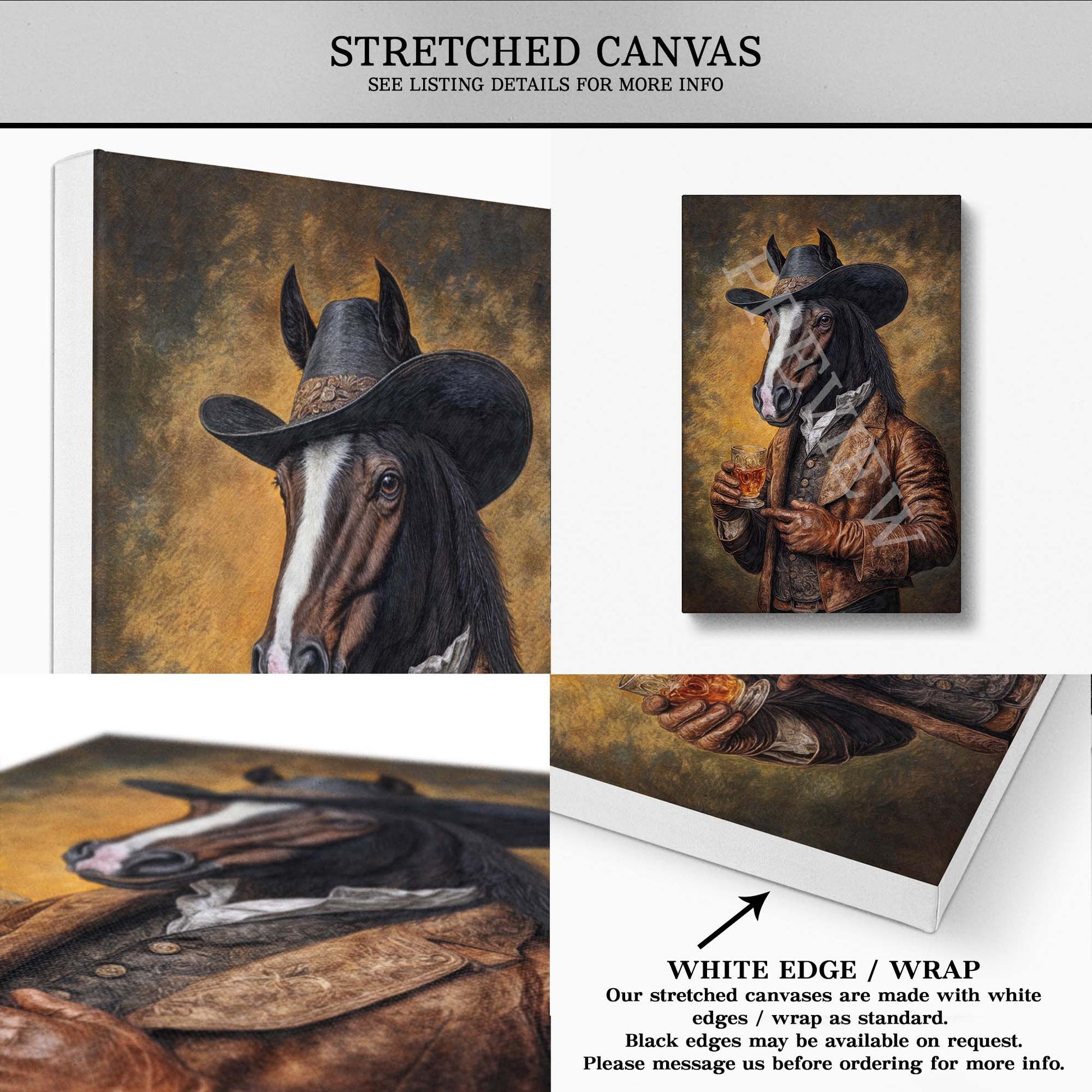 Horse Drinking Bourbon Stretched Canvas - Vintage Panda Designs