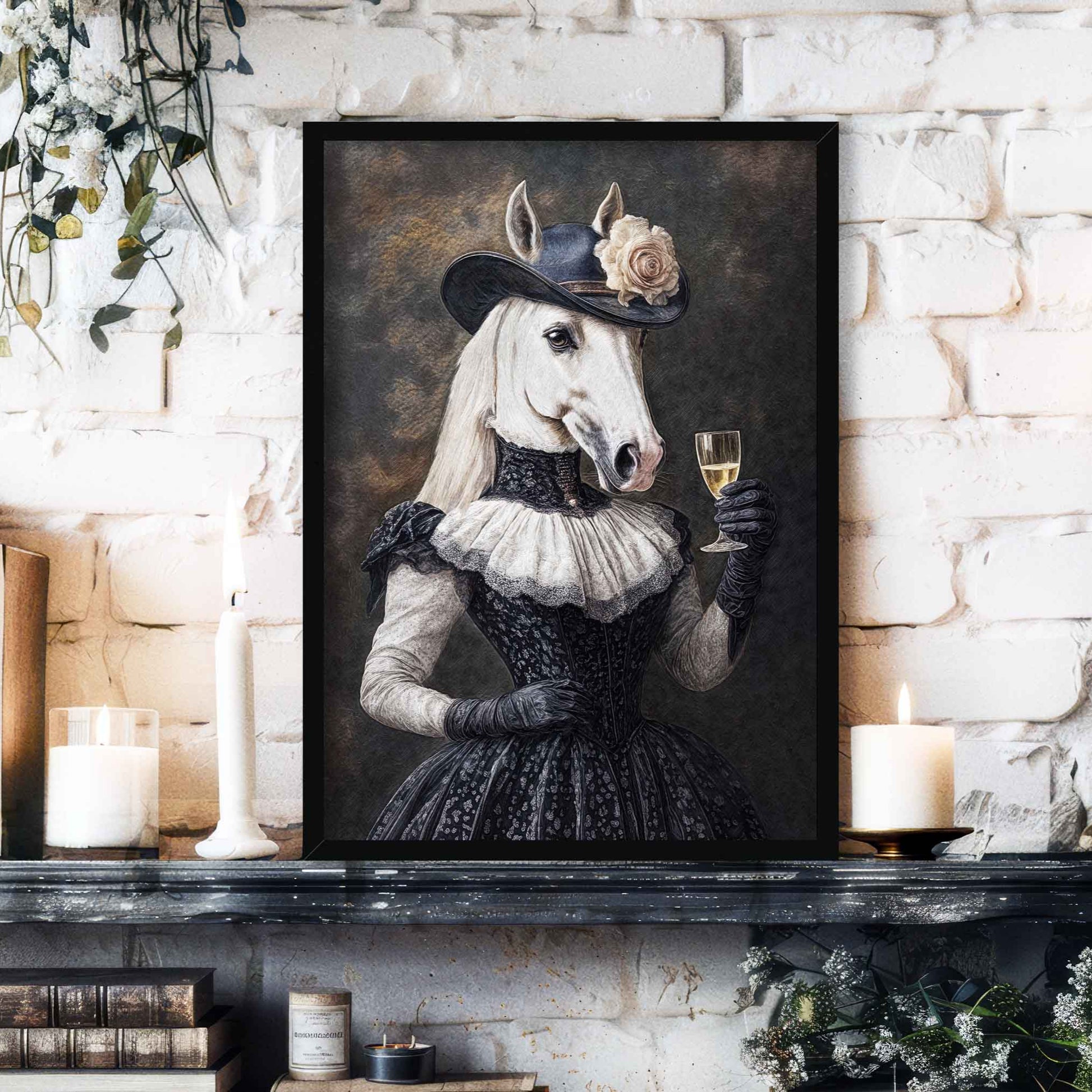 Horse Drinking Champagne Print Black Frame - Vintage Panda Designs