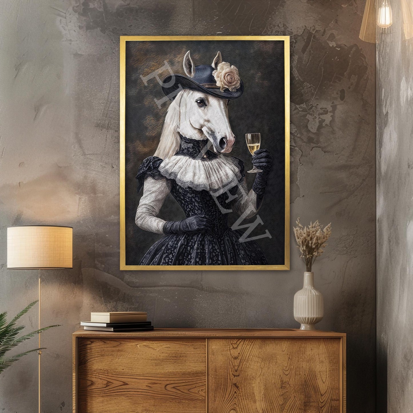 Horse Drinking Champagne Print Gold Frame - Vintage Panda Designs