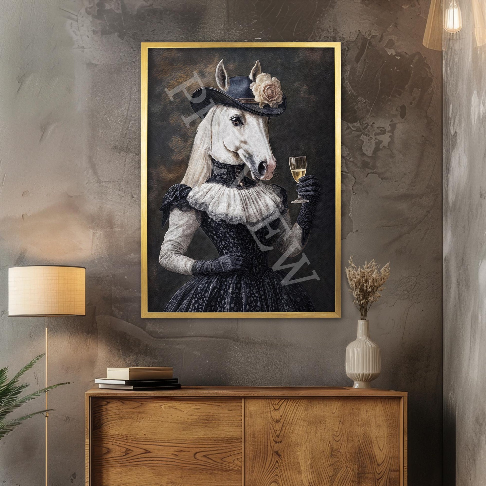 Horse Drinking Champagne Print Gold Frame - Vintage Panda Designs