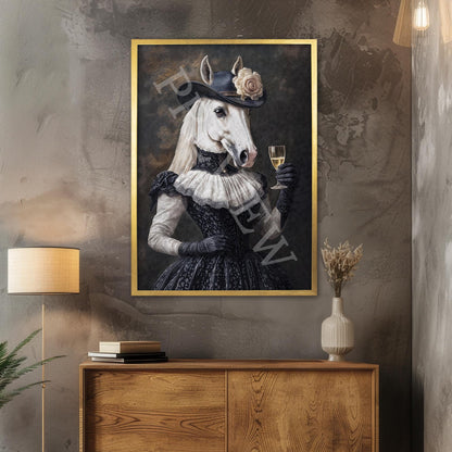 Horse Drinking Champagne Print Gold Frame - Vintage Panda Designs