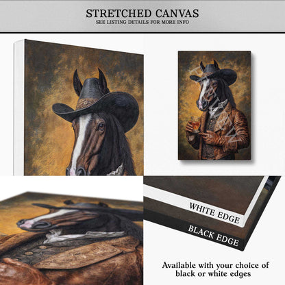 Artwork of horse gentleman cowboy drinking whisky showing available stretched canvas options.