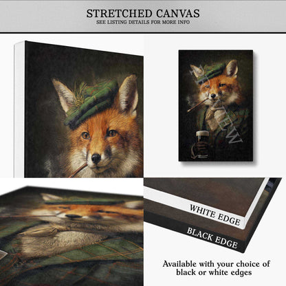 A canvas wall art listing showing a fox portrait design in multiple views: a large angled view, a smaller front view, a close-up of the painted fox face, and a stack of black and white edge options. Text at the top reads 'STRETCHED CANVAS' and the bottom text says the product is available with black or white edges.