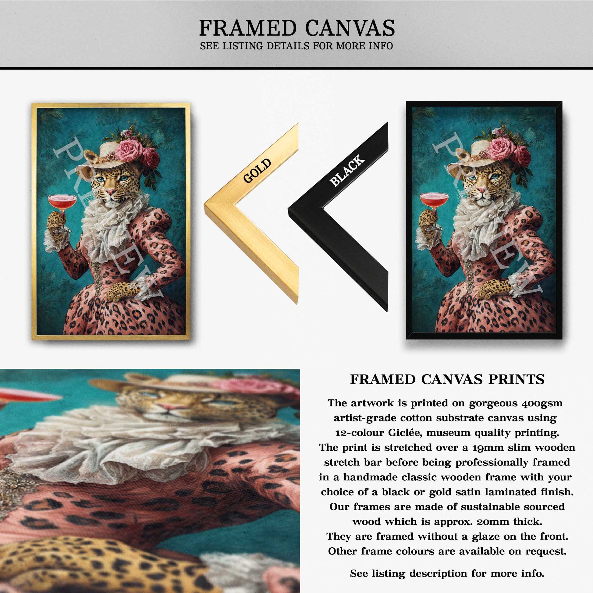 Leopard Drinking Cocktail Wall Art Framed Canvas - Vintage Panda Designs