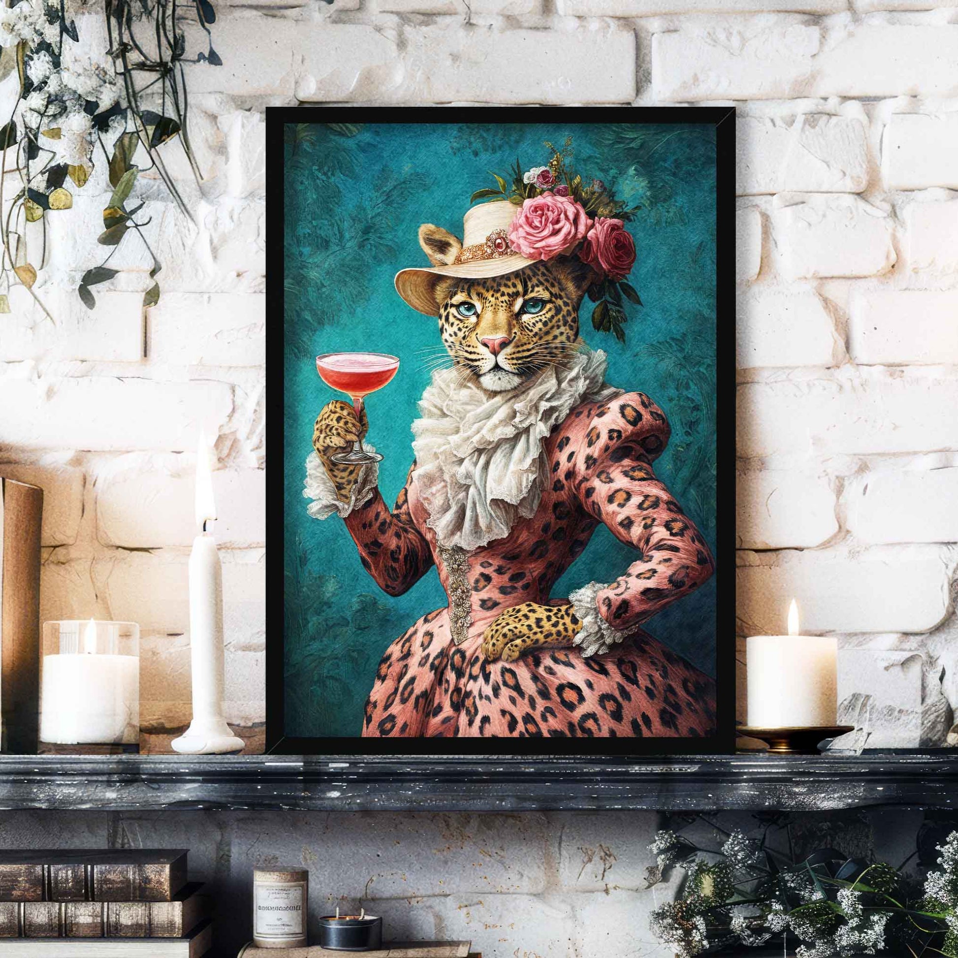 Leopard Drinking Cocktail Wall Art Print Black Frame - Vintage Panda Designs