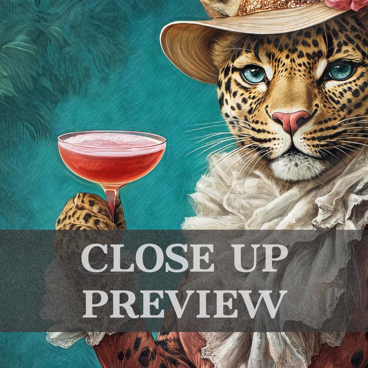Leopard Drinking Cocktail Wall Art Print Close Up - Vintage Panda Designs