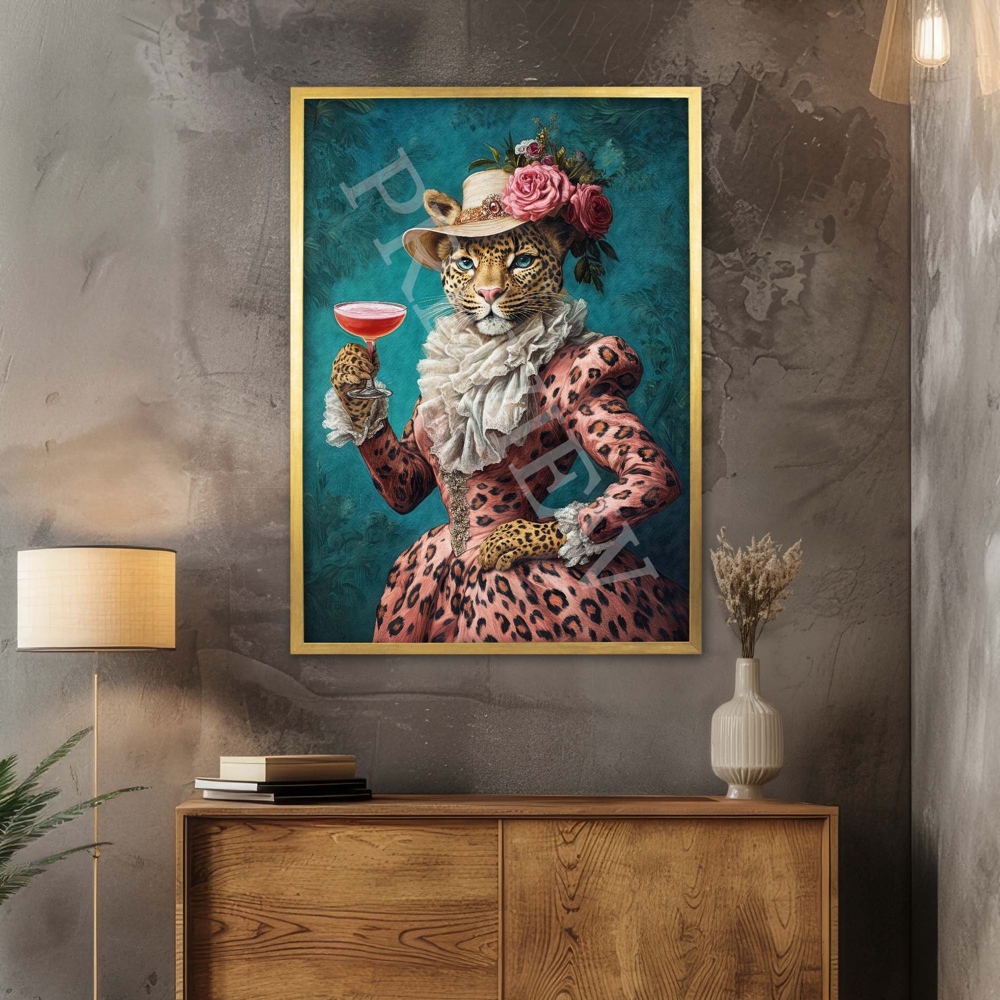 Leopard Drinking Cocktail Wall Art Print Gold Frame - Vintage Panda Designs