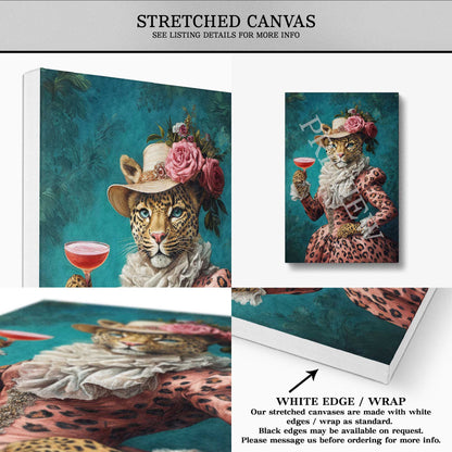 Leopard Drinking Cocktail Wall Art Stretched Canvas - Vintage Panda Designs