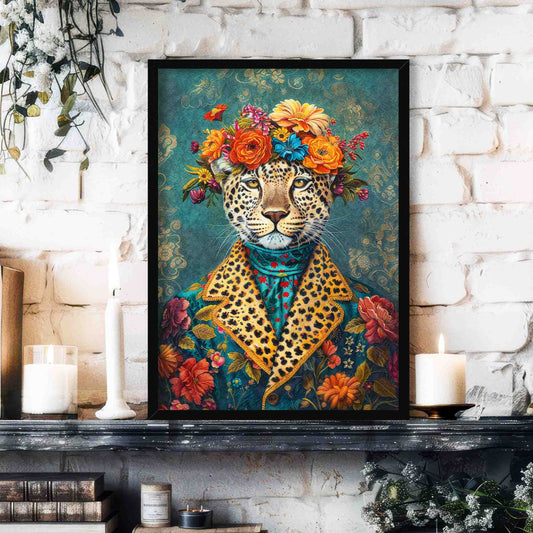 Leopard Floral Maximalist Wall Art Print Black Frame by Vintage Panda Designs