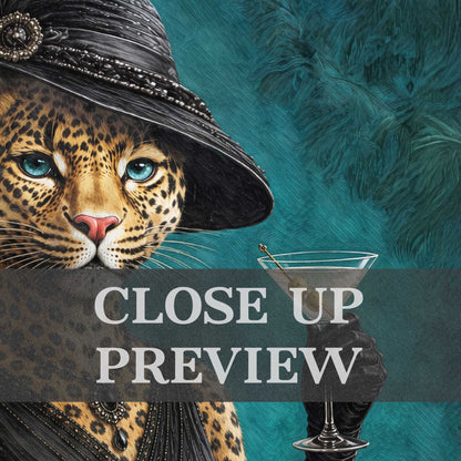 A stylized close-up preview featuring part of a leopard wearing a black hat and dress against a teal textured background, with a hand holding a martini glass.