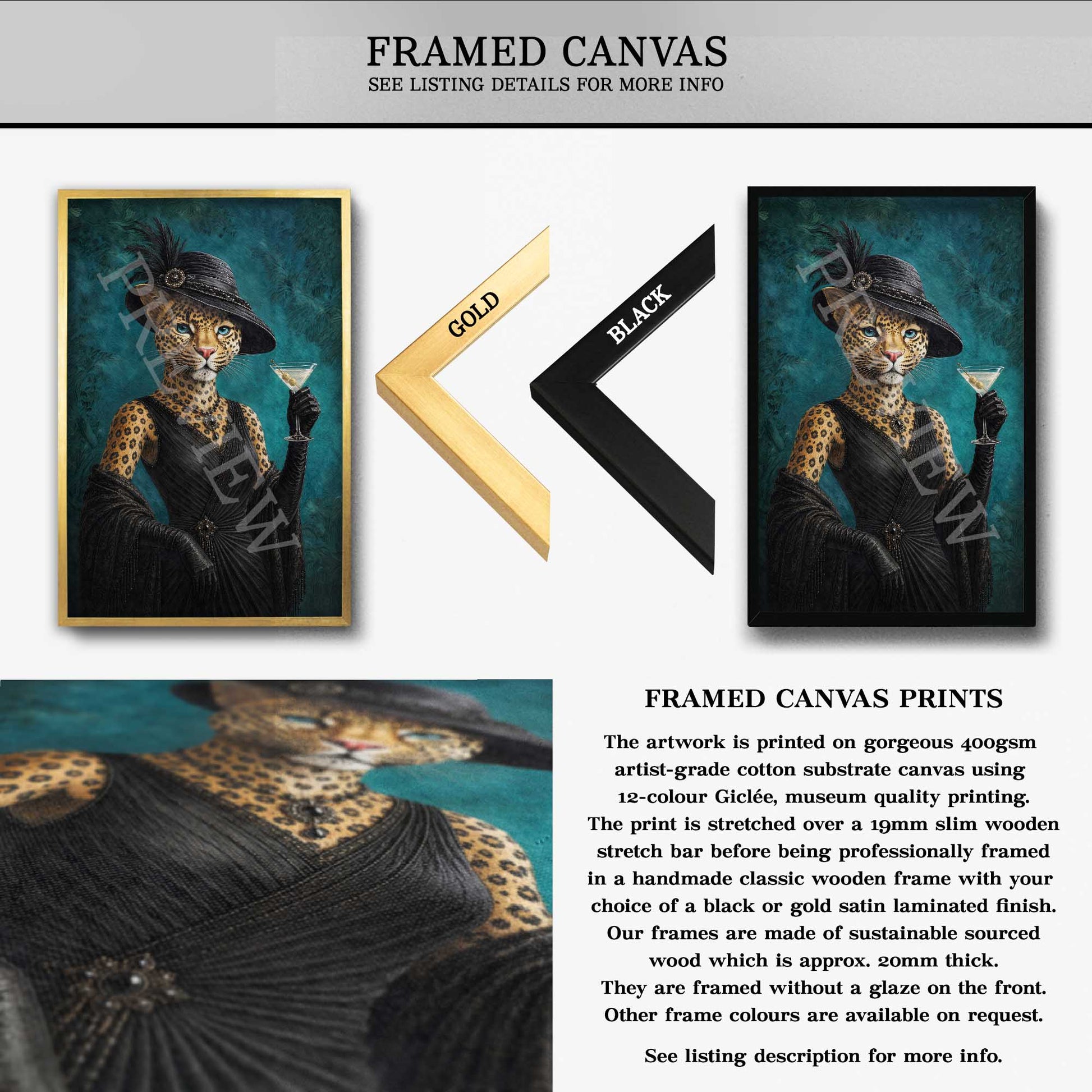 Framed canvas wall art featuring a stylized portrait of a leopard in a black hat and coat holding a martini glass, shown in gold and black frame options on a white background with descriptive text and a close-up of the leopard print canvas.