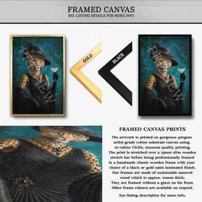 Framed canvas wall art featuring a stylized portrait of a leopard in a black hat and coat holding a martini glass, shown in gold and black frame options on a white background with descriptive text and a close-up of the leopard print canvas.
