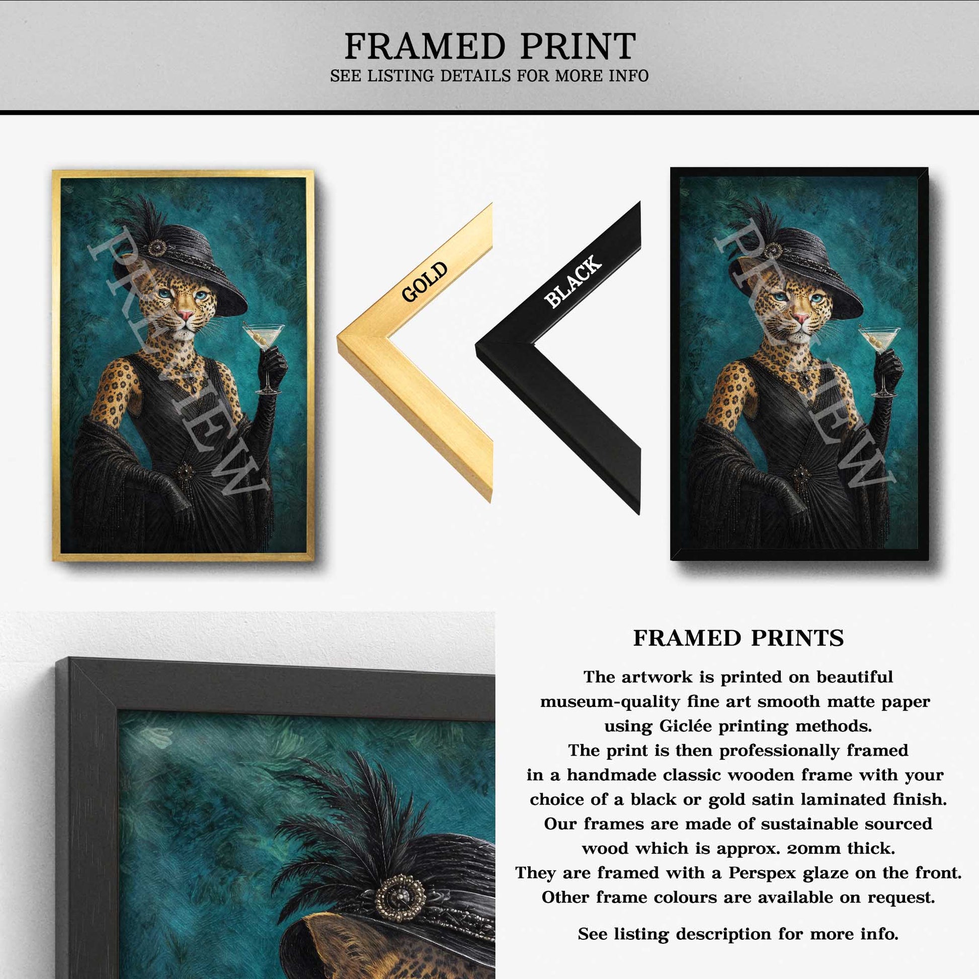 Framed art print listing showing a portrait painting of a leopard in a black hat and dress holding a martini glass, presented in a gold frame and also as a black framed print. The image includes text describing the framed prints