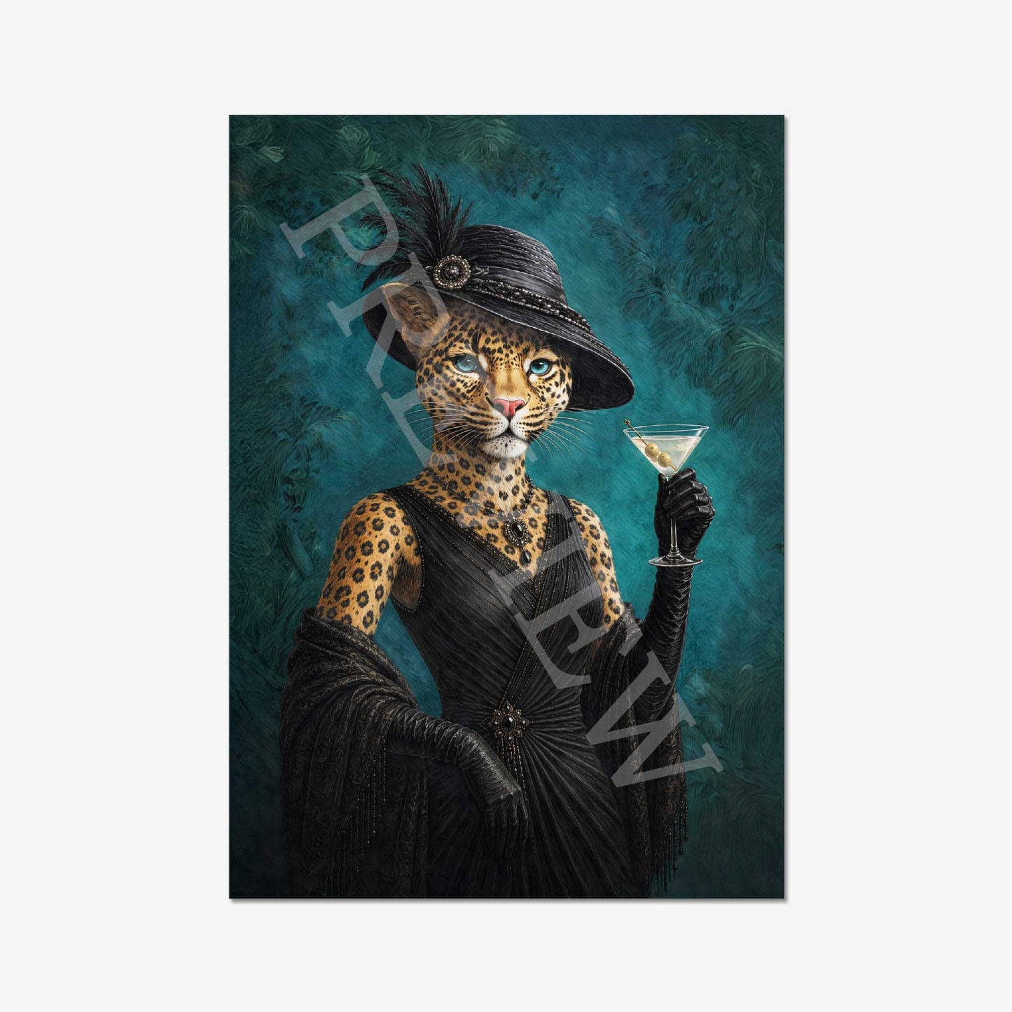 A vertical art print featuring a leopard dressed in black Victorian-style attire with a wide-brimmed hat and holding a martini glass, set against a dark teal textured background. 