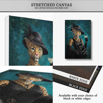 A collage showing a stretched canvas art print with a stylized leopard dressed in a black hat and dress against a teal background. The image includes multiple views of the canvas with edge options of white and black