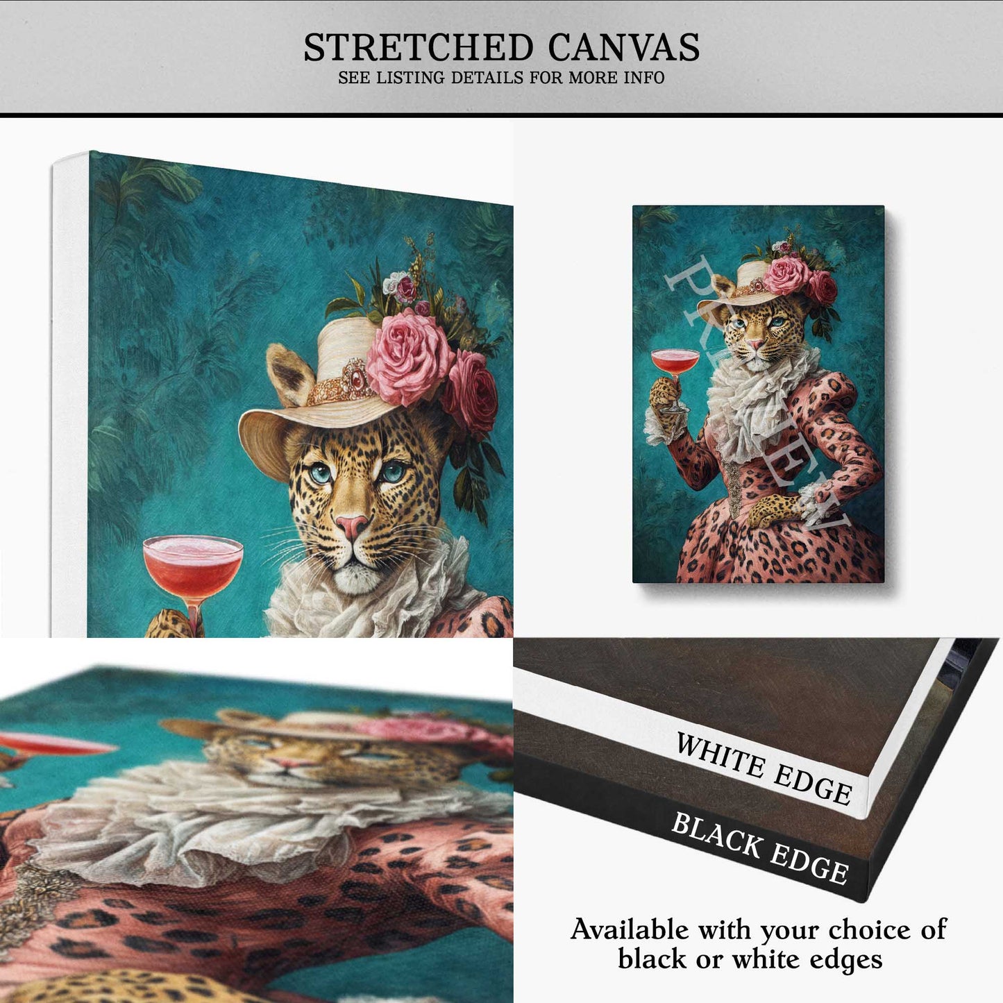 Leopard lady with pink cocktail and dress art on stretched canvas with white or black edge options