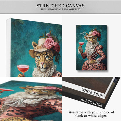 Leopard lady with pink cocktail and dress art on stretched canvas with white or black edge options
